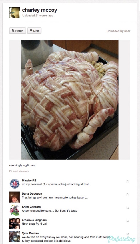 A screencap of a pin that's a turkey wrapped in bacon. Comments range from salviating to disgusted.