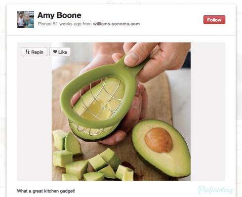 A screencap of a Pin from pinterest, showing an avocado cutter that looks like a small basket made with wire with a handle, which you press into the avocado to create cubes. 